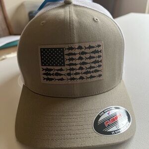Columbia PFG Ball Cap American Flag Mesh Fish Hat Unisex Tan/White 8" Super L